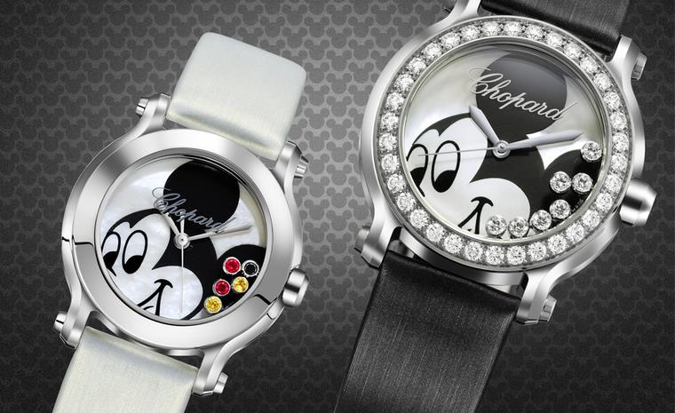 Happy Mickey Watches. Left: Stainless steel, mother-of-pearl,  black diamonds, yellow sapphires, rubies and yellow sapphire set on the crown. Price from £3,350. Right: stainless steel, mother-of-pearl, diamond-set bezel and mobile diamonds, with...