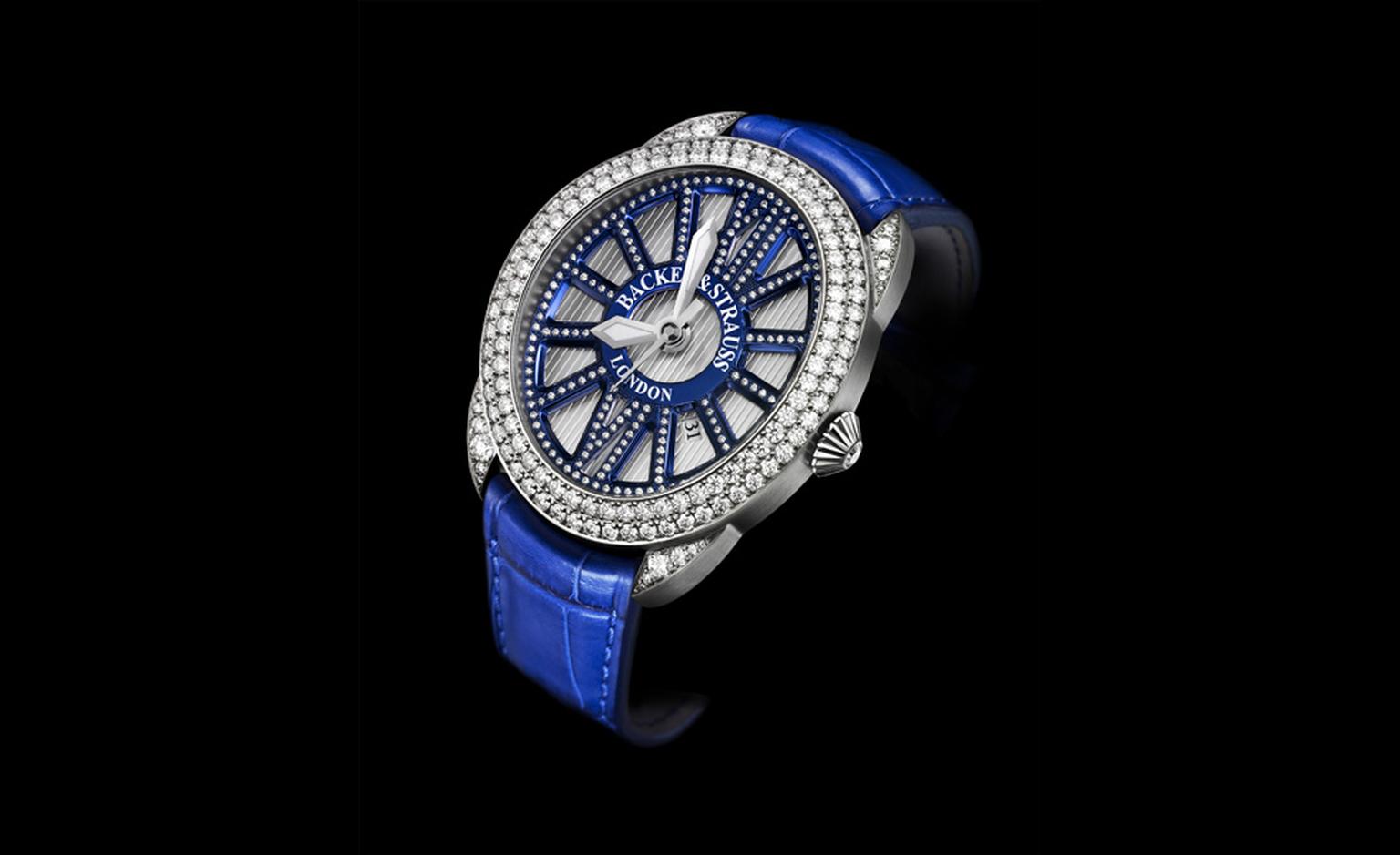 Backes & Strauss Beau Brummell watch in lightweight titanium with blued titanium dial details and 347 lovely ideal cut diamonds adding a touch of sparkle.