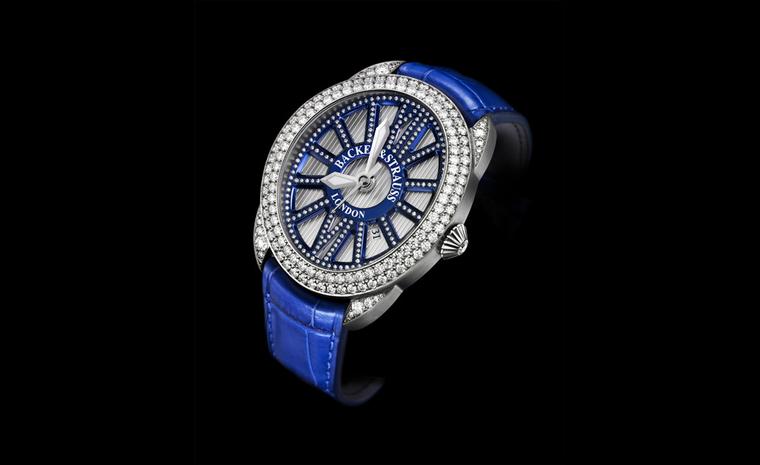 Backes & Strauss Beau Brummell watch in lightweight titanium with blued titanium dial details and 347 lovely ideal cut diamonds adding a touch of sparkle.