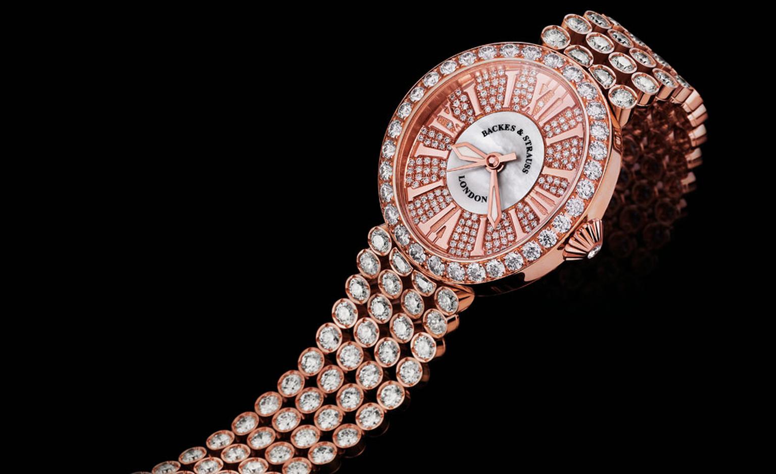 Backes & Strauss Regent Princess in rose gold with 326 ideal-cut diamonds weighing close to23 carats of diamonds in the bracelet and case.
