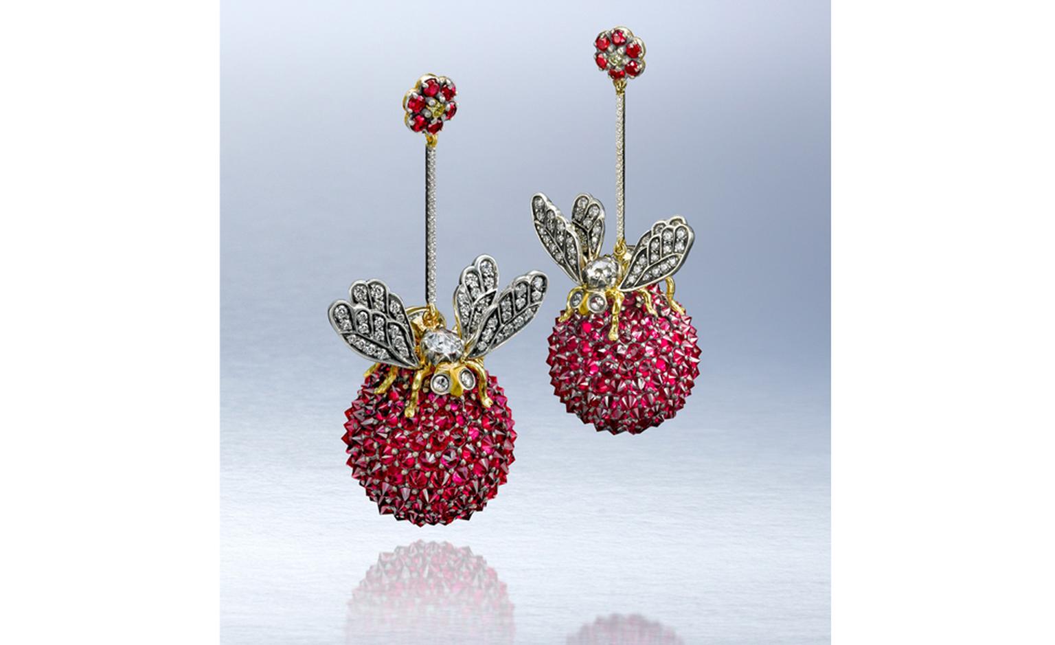 ARK, Bees on a Ruby Ball,  Earrings, 2008, rubies, diamonds, silver and 18 carat gold. POA.