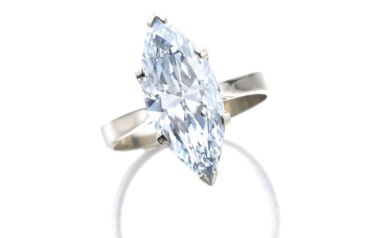 A 4.08 carat Fancy Blue marquise-cut diamond mounted as a ring. Estimate CHF 725’000 -  1’270’000 / US$ 800’000 – 1’400’000