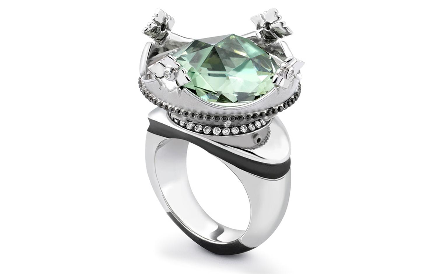 Theo Fennell 18ct White Gold Green Amethyst, Diamond and Ruby Coronet Ring £12,300