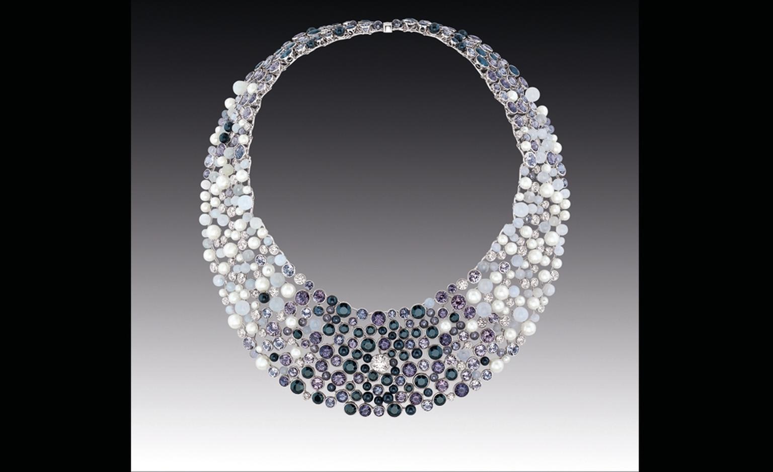 Chanel Contrastes collection: Collier Perle de Rosee. Necklace in white gold, diamonds, black and grey spinels, moon stones and pearls.