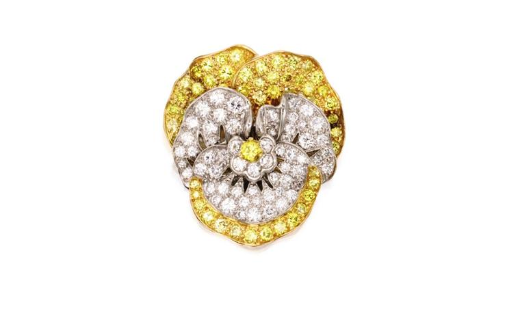 Lot 279. Gold, platinum diamond and colorad diamond pansy brooch. Est. $10/15,000