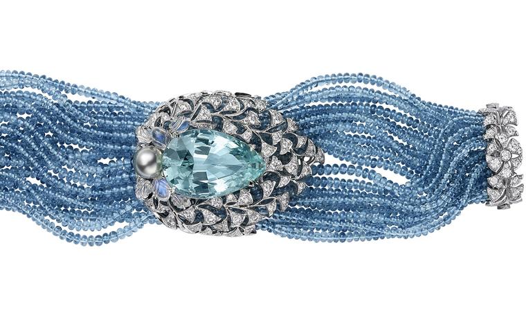Sortilège de Cartier collection bracelet in platinum with pear-shaped aquamarine, aquamrarine beads, engraved moonstones, one Tahitian pearl and brilliant-cut diamonds