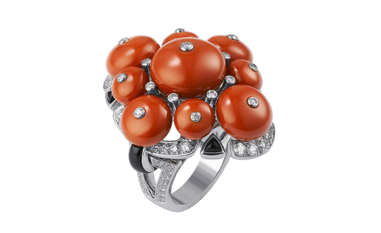Sortilège de Cartier collection ring in platinum with coral beads and diamonds.