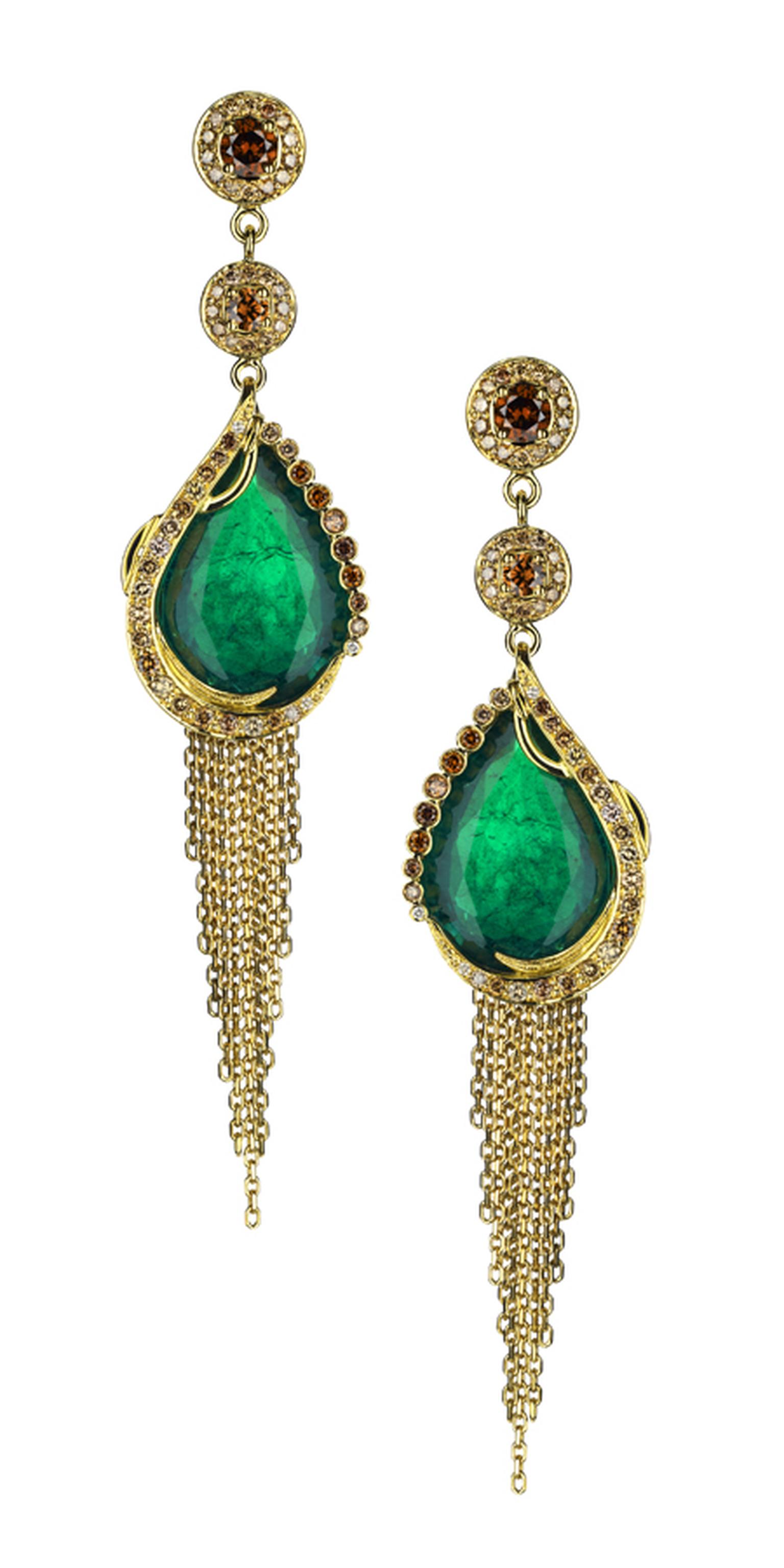 Ana de Costa. Gandhi earrings in 18ct yellow gold, pave set with natural cognac diamonds. Ethically mined Gemfields Zambian emeralds. Price from £100,000.