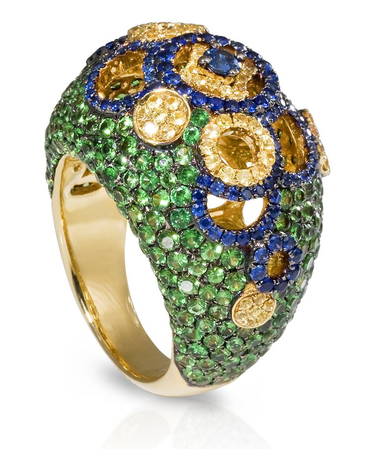SHO Fine Jewellery. Coin Boule Ring in 18ct Yellow Gold with Blue and Yellow Sapphires and Green Tsavorites. £4770