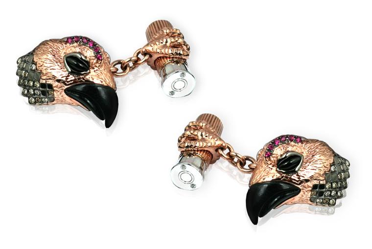 Tomasz Donocik grousse cufflinks. Rose gold and white gold accented with ruby pave eyebrows, bulls eye stone beak, star sapphire eyes, brown diamonds, black gold plated. POA