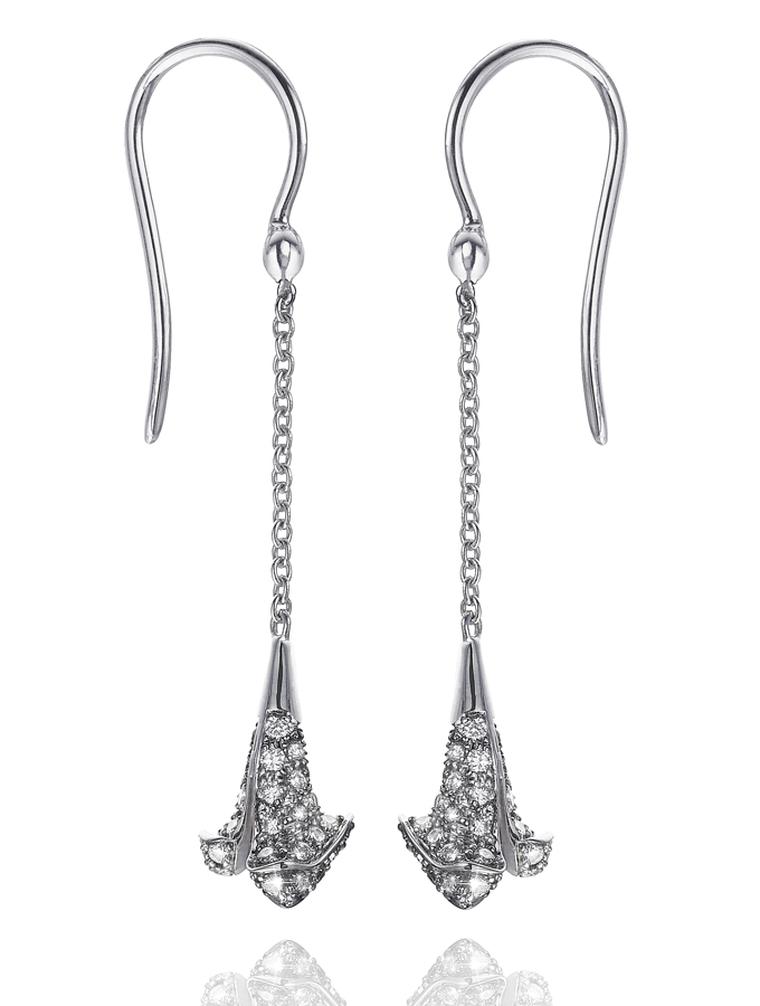Tomasz Donocik Snowbell mini Trumpet Earrings. Handcrafted in 18ct white gold and diamonds. £3000