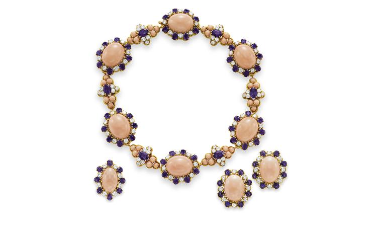 Van Cleef & Arpels. Dodecanese Coral, Amethyst, Diamond and Yellow Gold Choker, Ear clips and Ring (1970). © Christie’s Images 2011. POA.