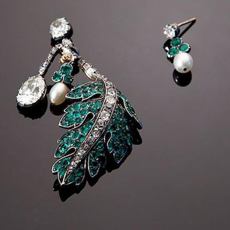 Eliane Fattal for S.J. Phillips. Oak Leaf and Acorn  jewel, c.1860 The diamond and emerald oak leaf branch with a pear shaped diamond pendant and emerald capped pearl acorn. They can be worn as a hand ornament or divided into a pair of asymmetri...