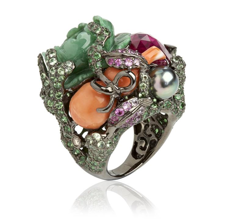 Wendy-Yue-Fantasie-18ct-white-gold--diamond-garnet-sapphire-pearl-coral-and-jade-Jugle-Jumble-ring-By-Wendy--Yue-for-Annoushka-