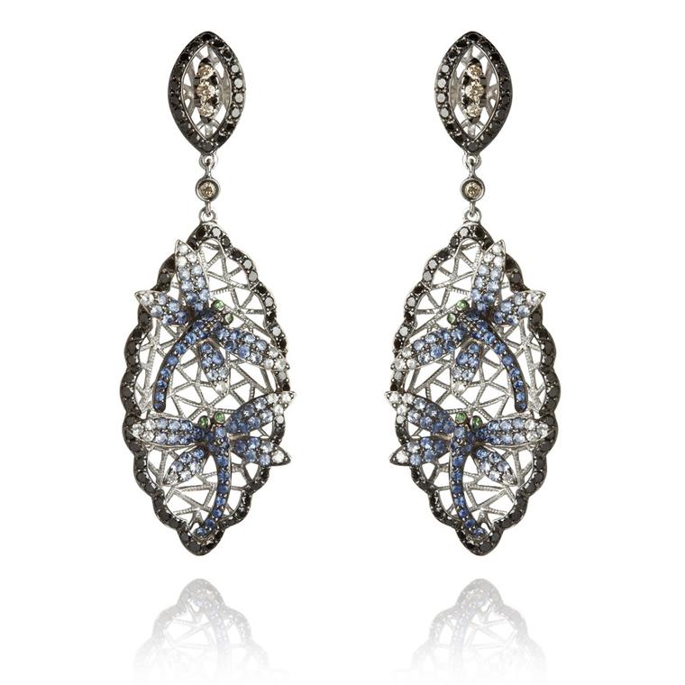 Wendy-Yue-Fantasie-18ct-white-gold--diamond-sapphire-and-garnet-Diving-Dragonfly-earrings-By-Wendy-Yue-for--Annoushka