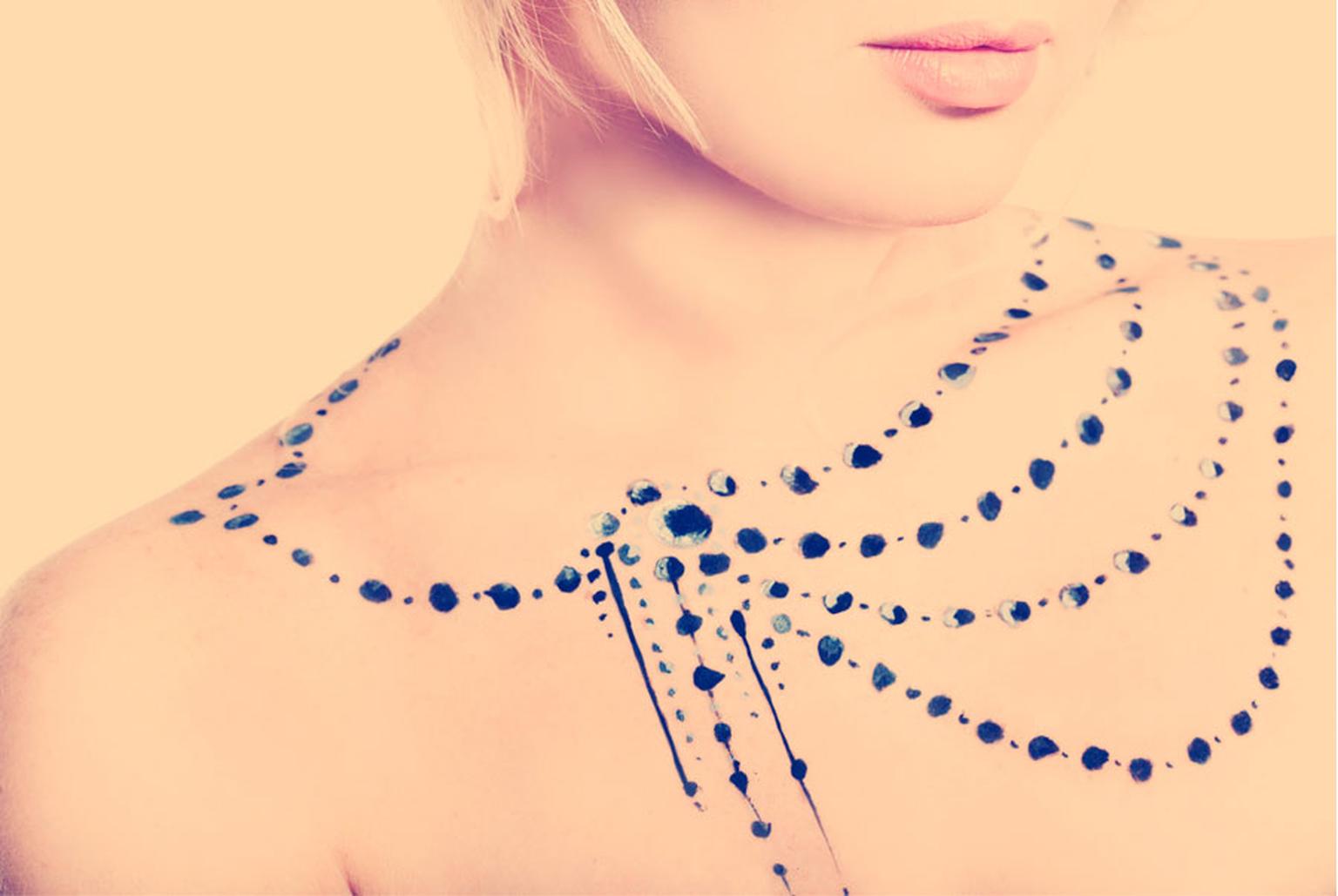 In your dreams. Body painted jewellery. Front view of black hematite layered necklace.jpg