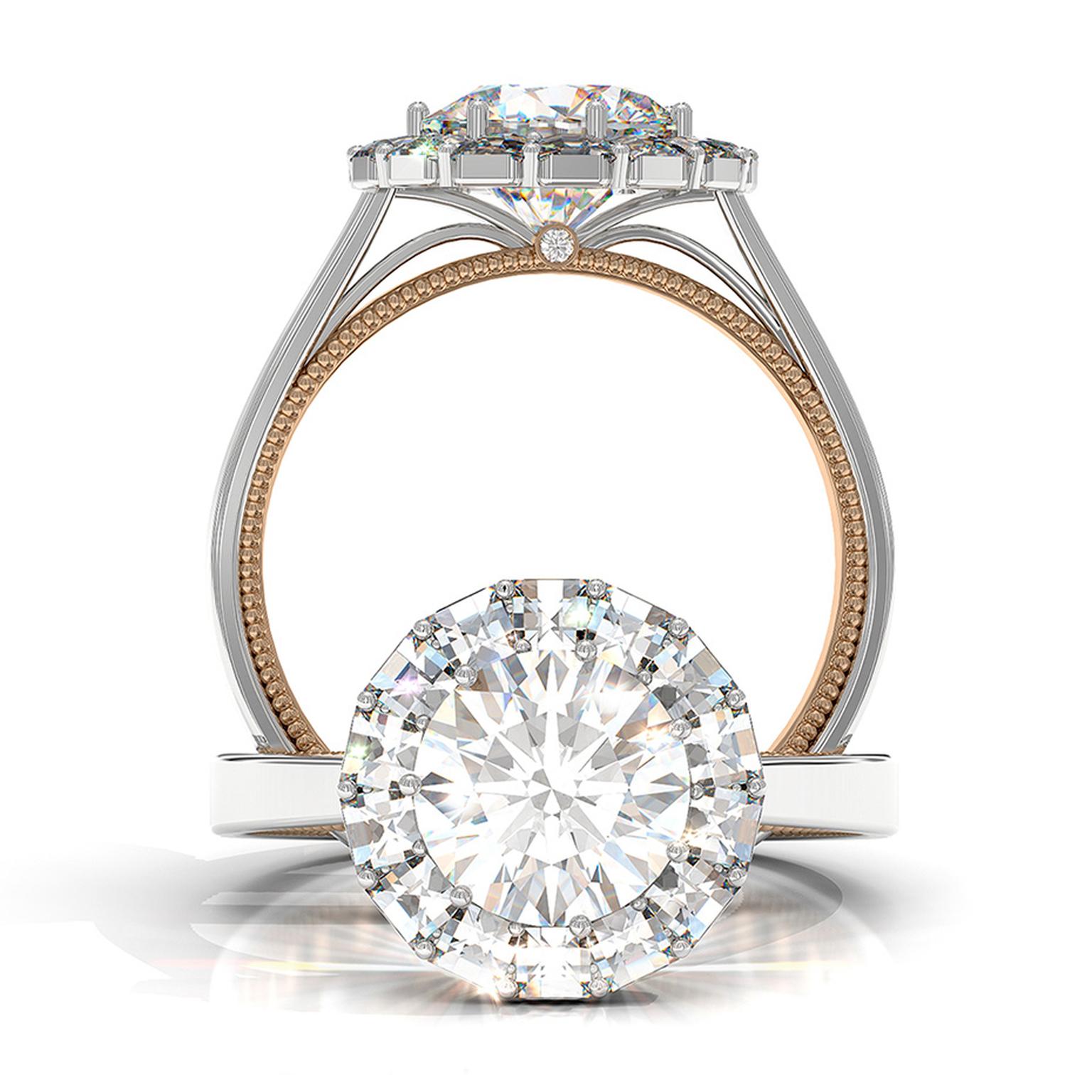 Bez Ambar Ring of Fire engagement ring in white and rose gold, set with a 1.50ct round brilliant diamond encircled by a halo of Blaze diamonds
