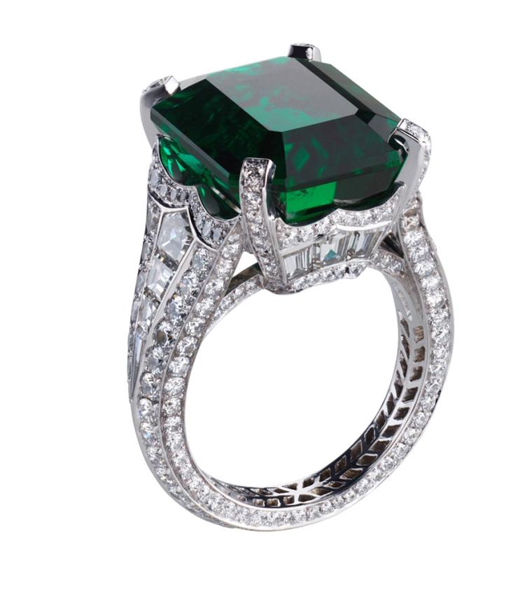 Fabergé Devotion emerald ring in platinum, with a central rectangle cut Gemfields Zambian emerald