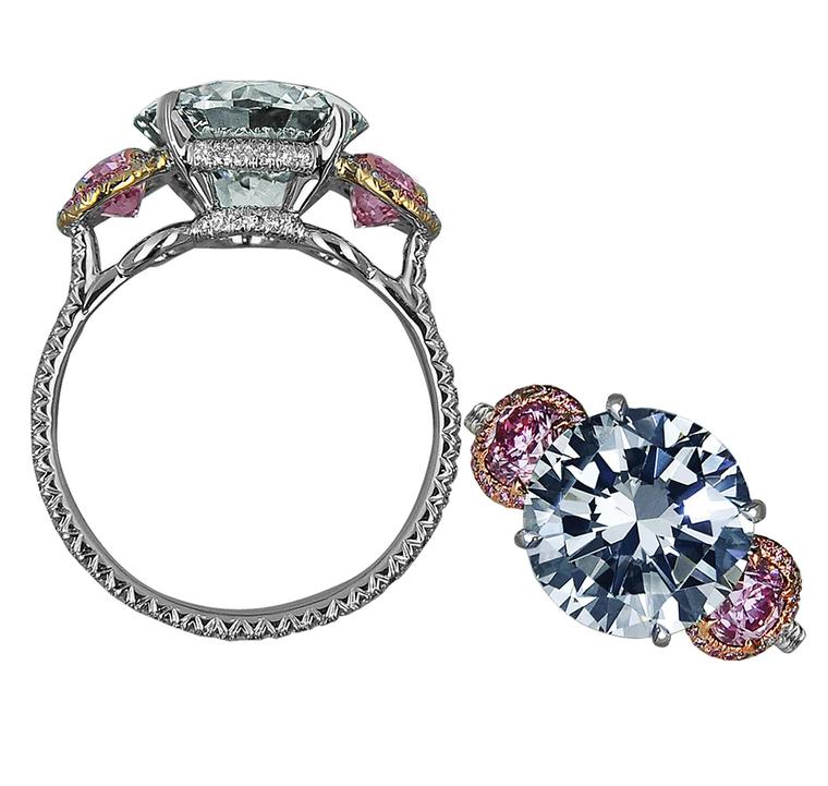 Jacob & Co. Three Stone Diamond Ring featuring a 4.02ct Natural Fancy dark grey round brilliant diamond, two Natural Fancy pink diamonds and diamond pavé