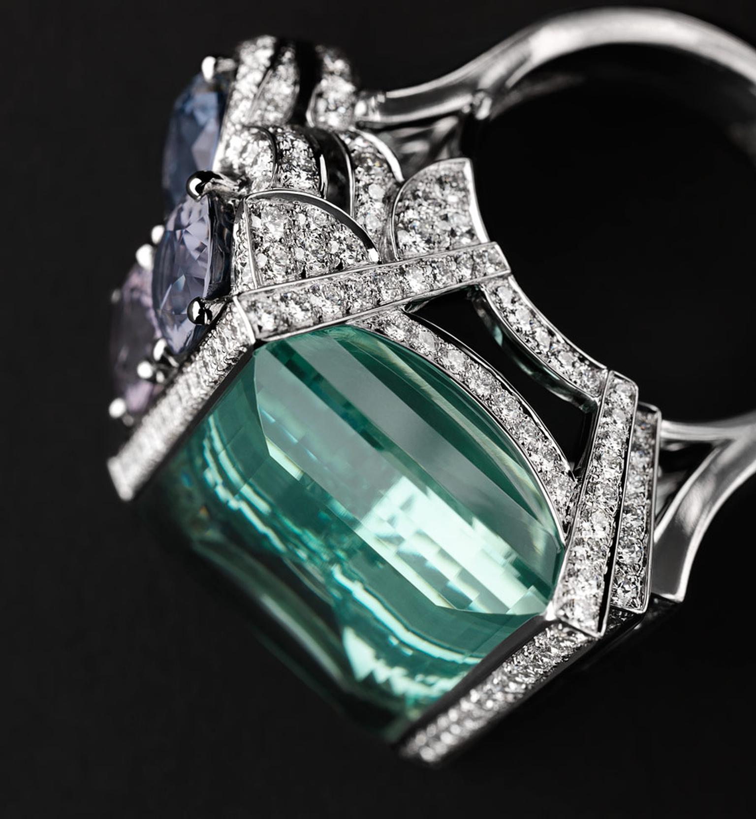 Cartier platinum Boreal Ring featuring a single aquamarine (29ct), three spinels (5.37ct) and brilliant-cut diamonds. Image by: Julien Claessens & Thomas Deschamps © Cartier 2012
