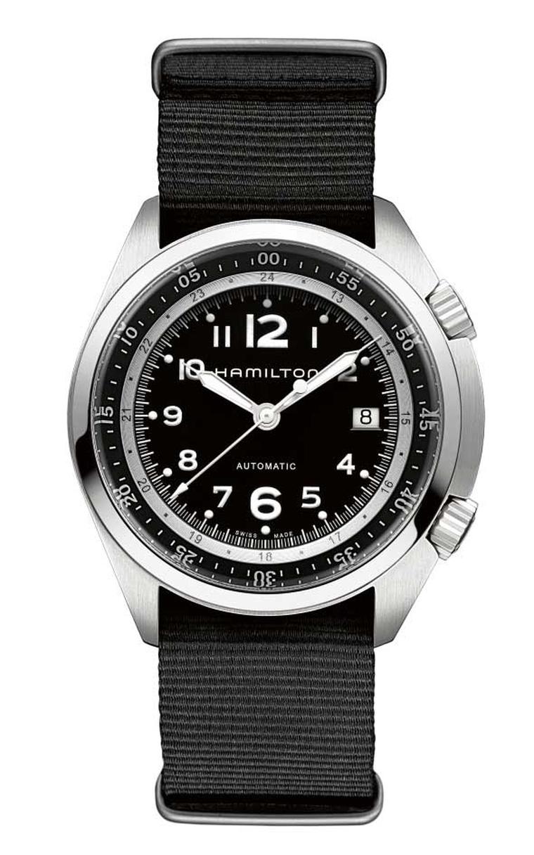 Hamilton's 80-hour power reserve Khaki Pilot Pioneer comes in lightweight aluminium and a variety of colours, as well as the more straight-forward, heavier steel model on a black NATO fabric strap pictured here