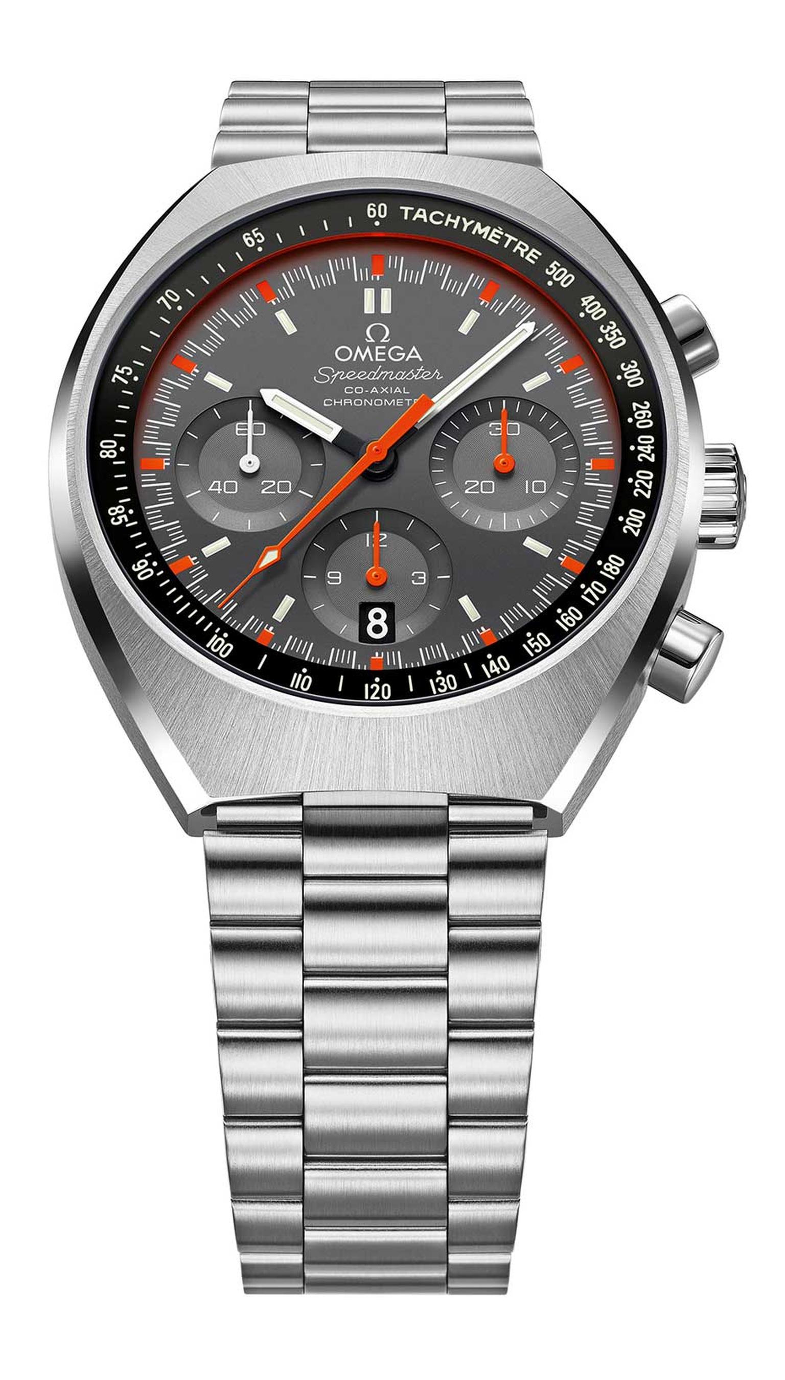 The late 60s and 70s are now considered 'vintage years' for watch design, and Omega's new Speedmaster Mark II captures the era perfectly, with its elongated barrel-shaped stainless steel case and fluorescent orange chronograph seconds hand with matching m