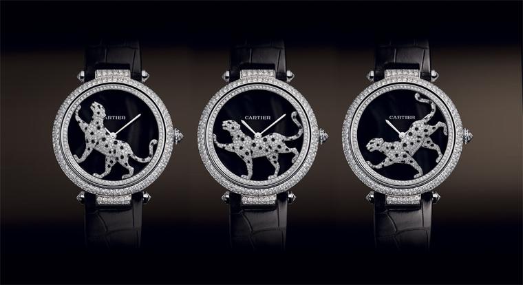 Cartier. Masse Secre`te panther de´cor watch, Calibre 9603. White gold, diamonds, deep purple mother of pearl and sapphire. Black semi-matte alligator skin. POA. MAIN PIC