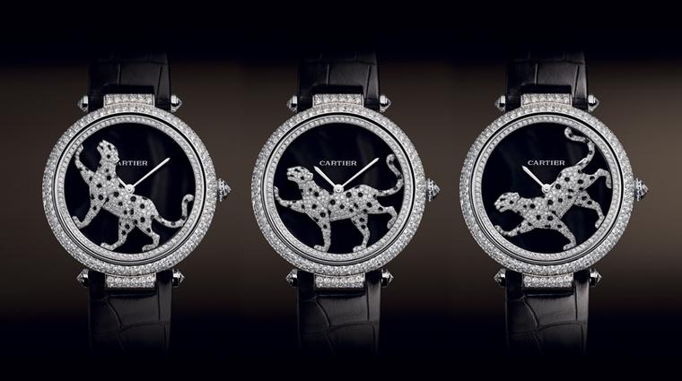 Cartier. Masse Secre`te panther de´cor watch, Calibre 9603. White gold, diamonds, deep purple mother of pearl and sapphire. Black semi-matte alligator skin. POA
