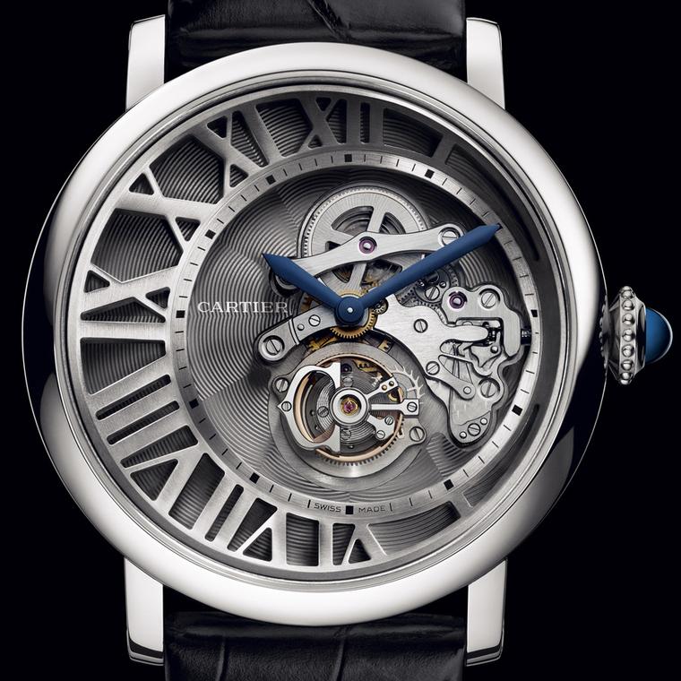 Cartier. Rotonde de Cartier Cadran Love´ flying tourbillon watch, Calibre 9458 MC 2. White gold, and sapphire with a black semi-matt alligator skin. POA.