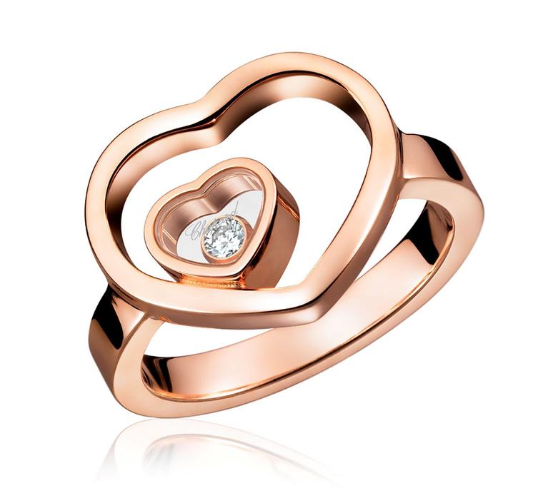Chopard Heart Ring from the “Miss Happy” collection in rose gold 18ct set with diamonds and with one Happy Diamond – Price £ 2,740