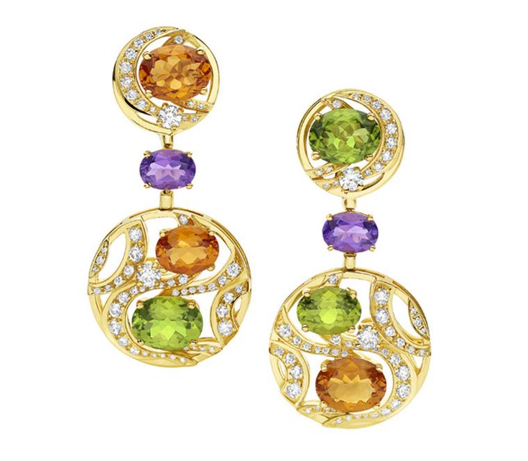 Bulgari. Mediterranean Eden yellow gold earrings with citrine quartzes, peridots, amethysts, diamonds and pave´ diamonds.