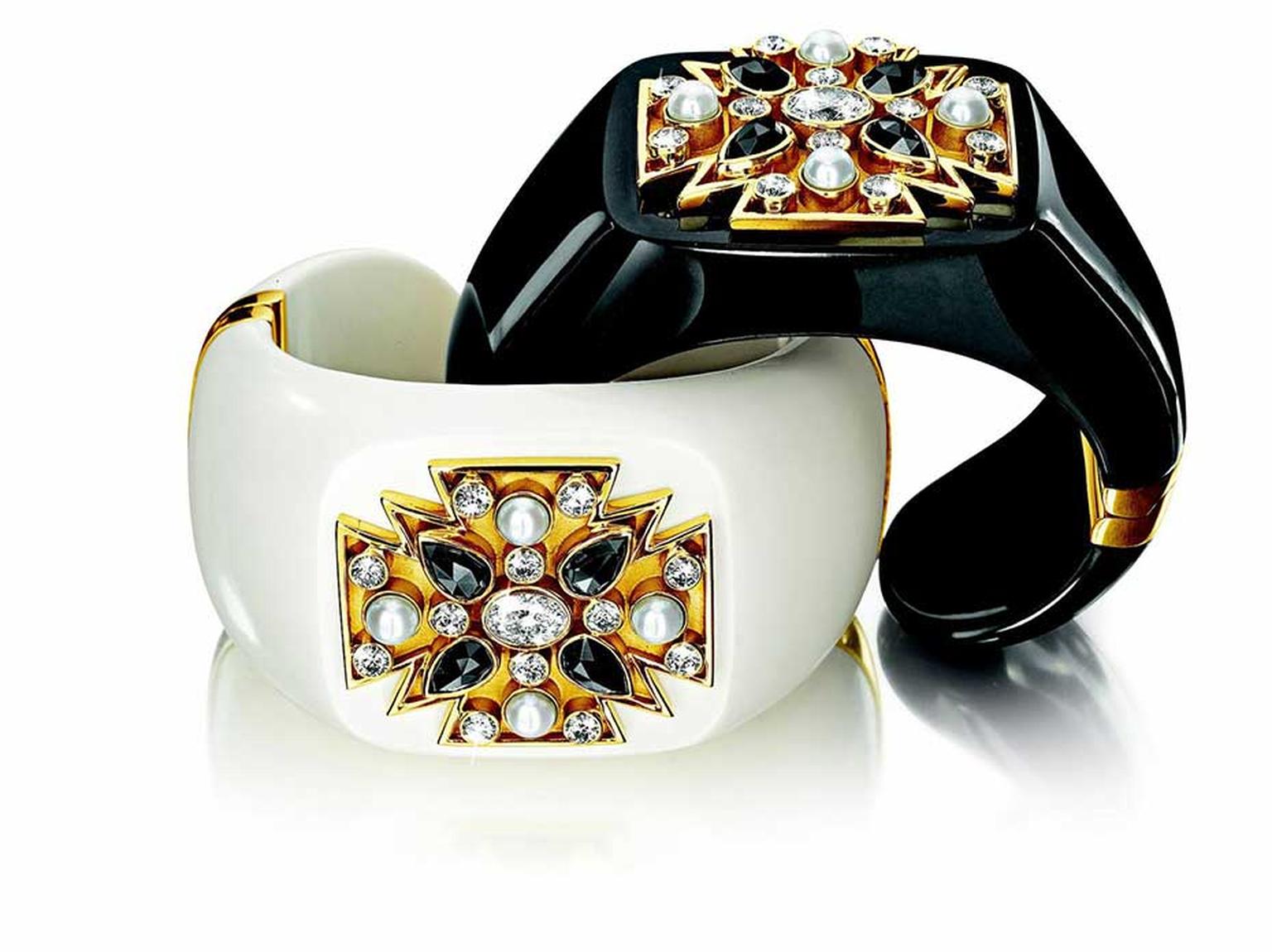 A regular of Masterpiece, Verdura made his name by making jewels for stylish women such as Coco Chanel. Shown is Verdura's Maltese cuff with mammoth ivory or black jade with diamonds, pearls and gold.