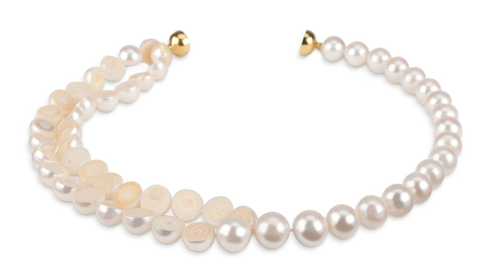 Melanie Georgacopoulos M/G Tasaki necklace with sliced 12mm white freshwater pearls and  yellow gold clasp.