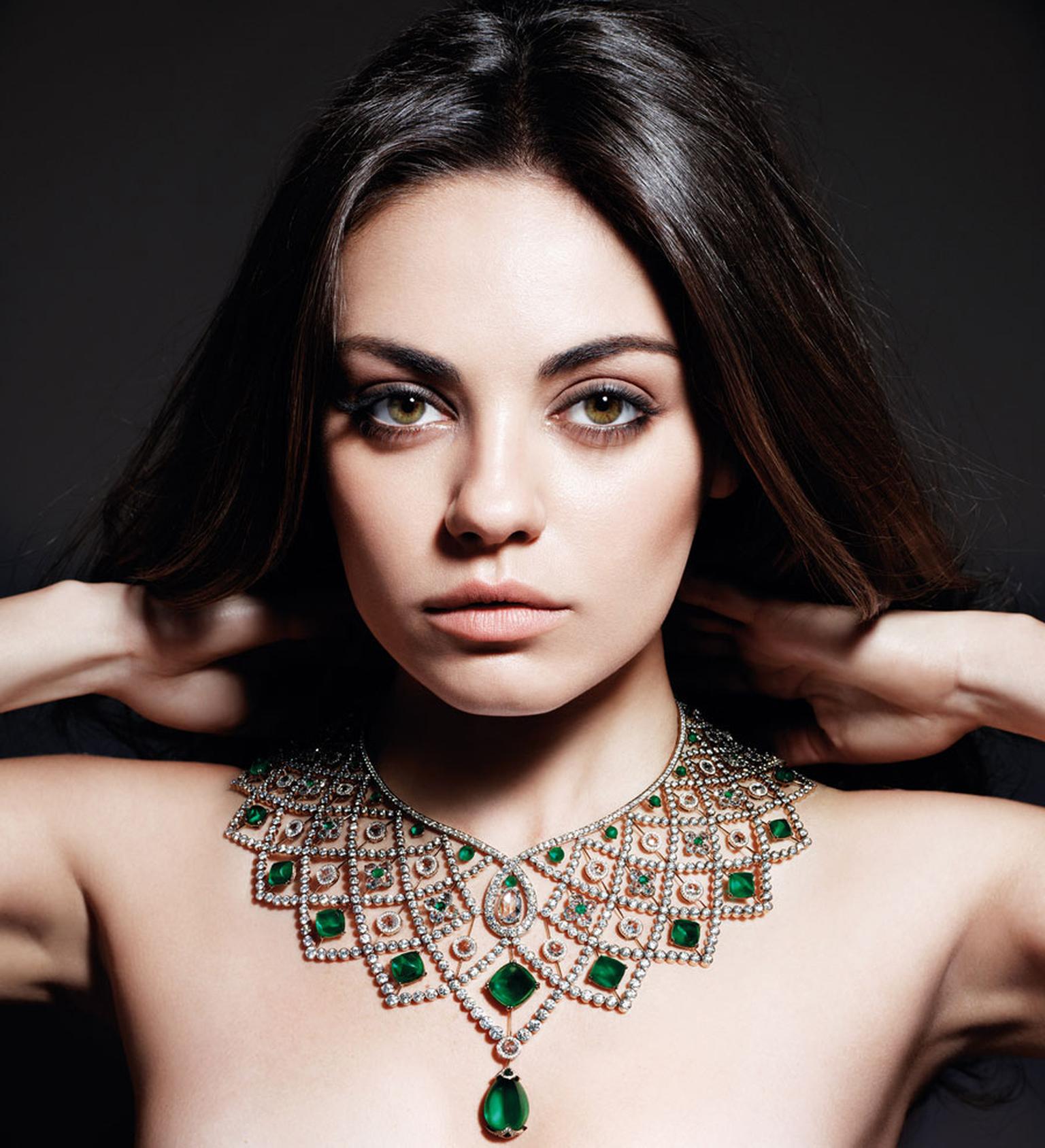 In 2013, Gemfields announced its new Global Ambassador: Hollywood starlet Mila Kunis. Here she wears an impressive emerald and diamond collar style 'Romanov' necklace by Fabergé set with ethical Gemfields emeralds.