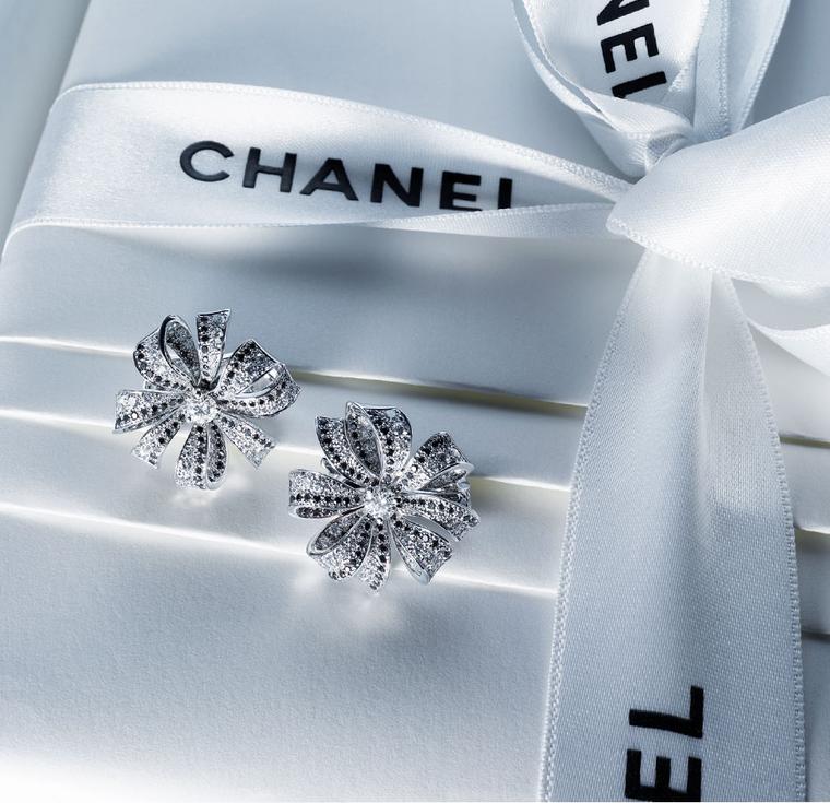 Chanel Boucles de Came´lia earrings in white gold, white diamonds and black diamonds. MAIN PIC