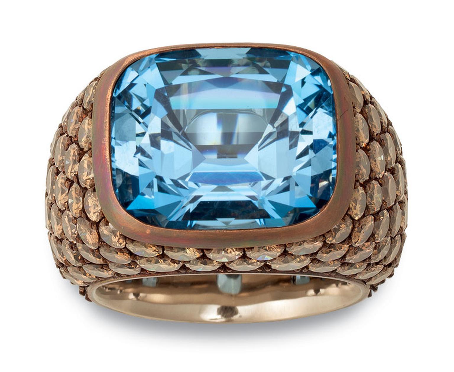 Hemmerle ring copper, white gold, aquamarine, brown diamonds
