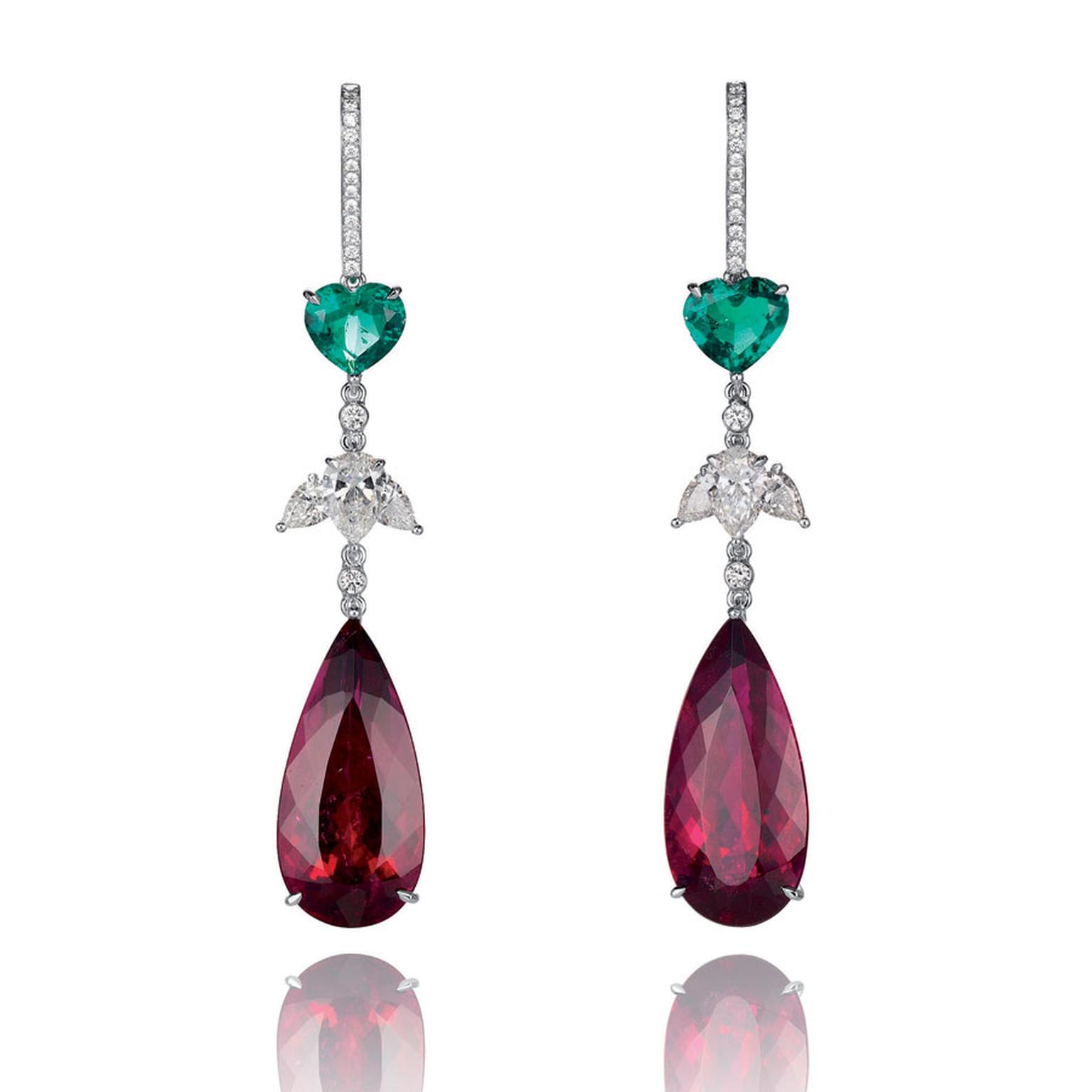 Chopard Chocolate Tempatations Earrings suspending two pear shaped rubellites, adorned with pear shaped emeralds, paved in with diamonds and set in white gold POA