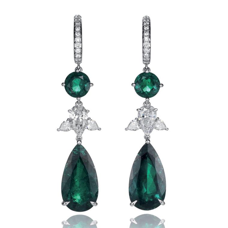 Chopard Chocolate Temptations Earrings, suspending two pear shaped emeralds, adorned with two round emeralds and pear shaped diamonds, set in white gold POA