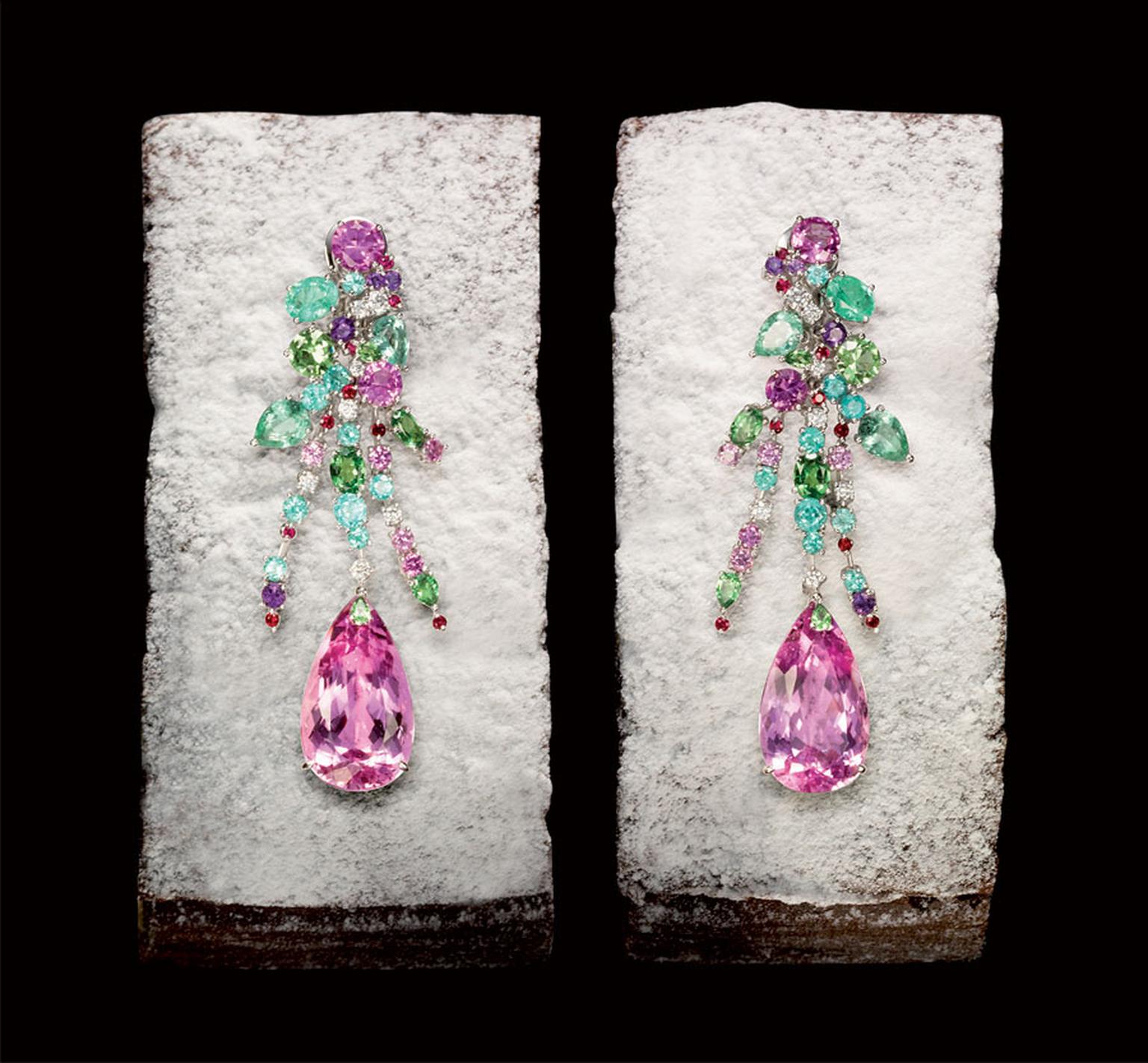 Chopard Earrings from the Temptations collection, set with 2 pearshaped kunzites,  diamonds, amethysts, tourmaline paraibas, rubies, tsavorites and pastel pink sapphires POA