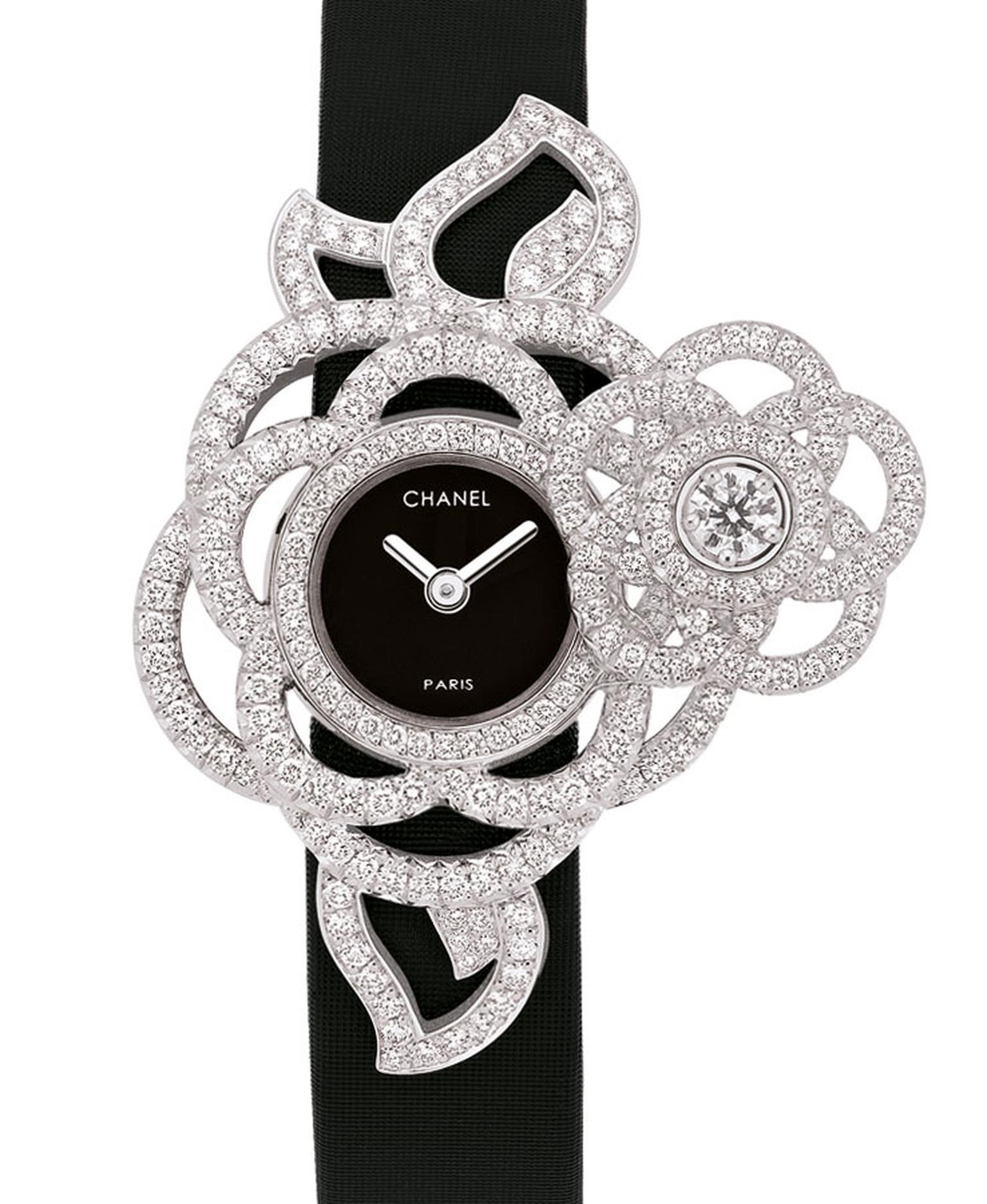 Chanel Came´lia Brode´ secret wtch in white gold and diamonds with black satin strap. Open