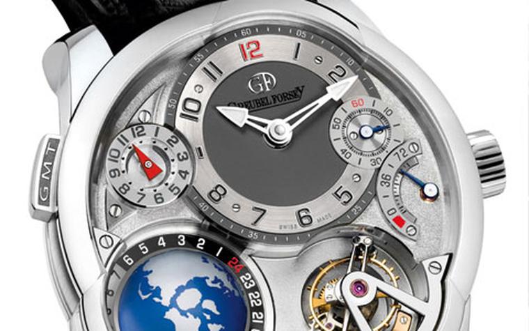Greubel Forsey GMT features a three dimensional temporal representation. Silver, white gold and black alligator strap PRICE FROM 442500 HP