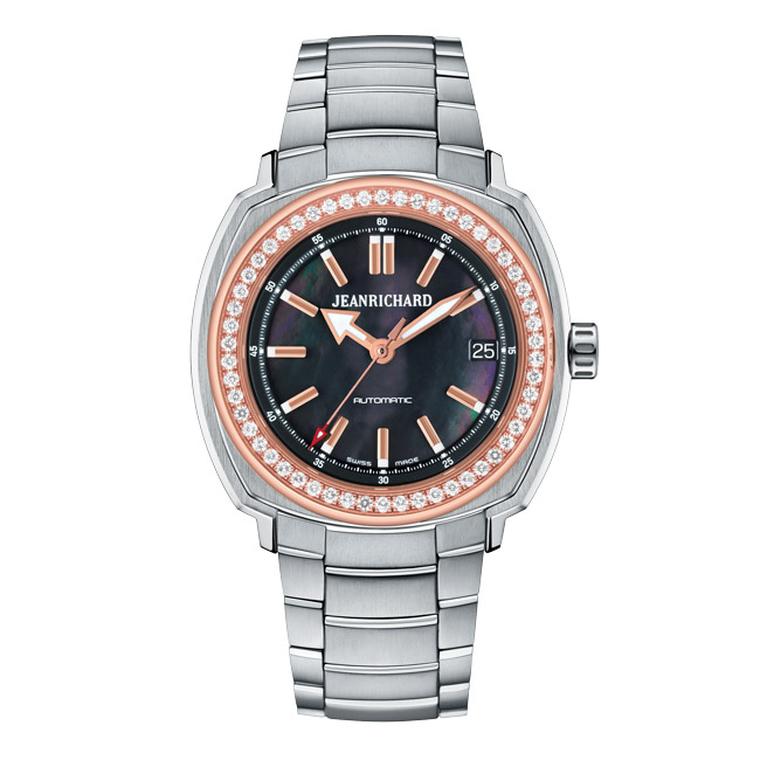 JeanRichard Terrascope watch with a dark mother-of-pearl dial and a diamond set bezel.