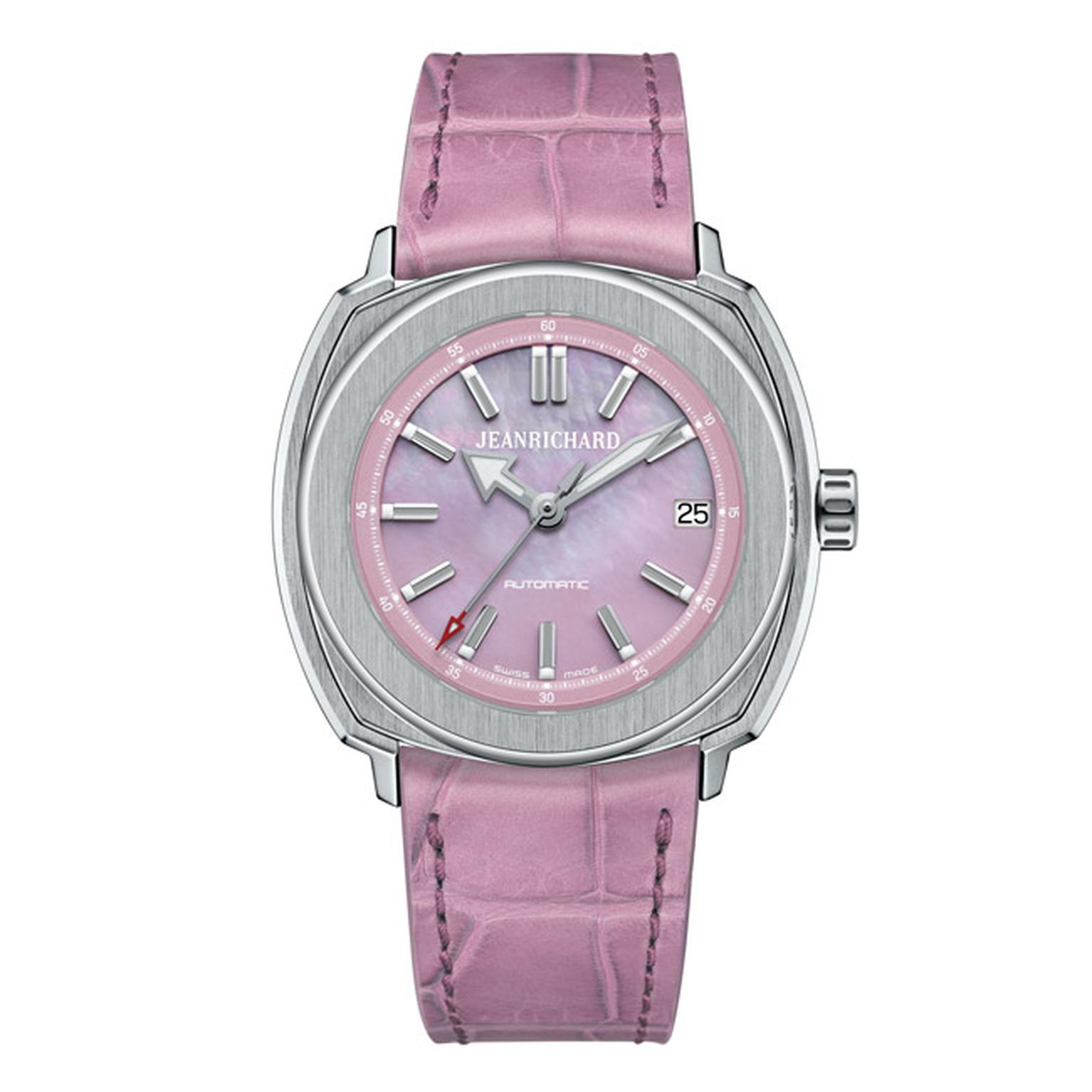 The most feminine of all of these new Terrascope watches is this JeanRichard Terrascope watch with a pink mother-of-pearl dial.