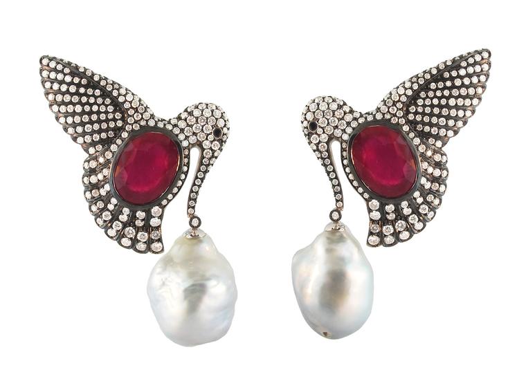 Silvia Furmanovich earrings in gold, with diamonds, South Sea pearls and rubies (£27,180).
