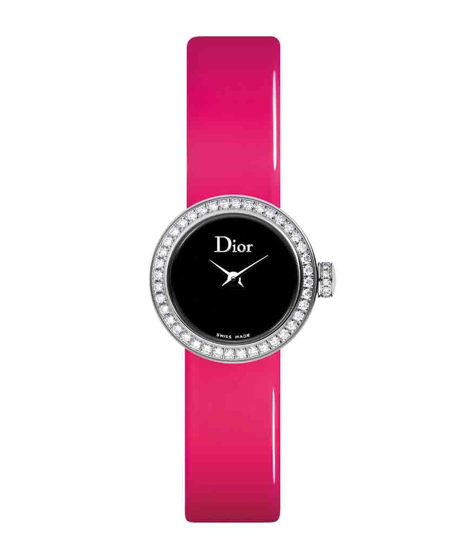 La Mini D de Dior (19mm) with neon strap, steel case, diamond-set bezel and black mother-of-pearl dial by Dior (£2,900).
