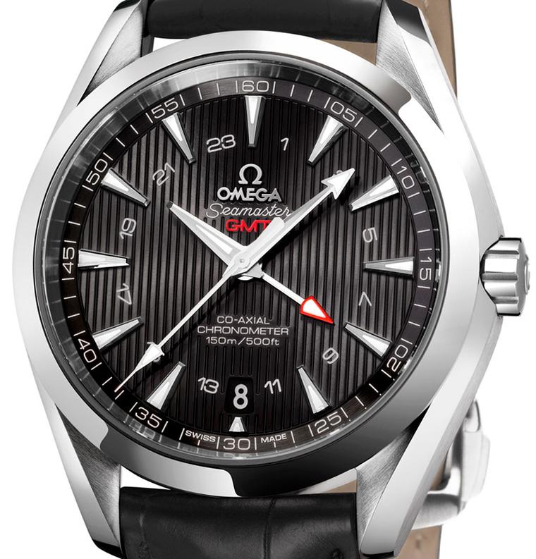 OMEGA-Seamaster-Aqua-Terra-GMT watch stainless steel and black leather strap POA