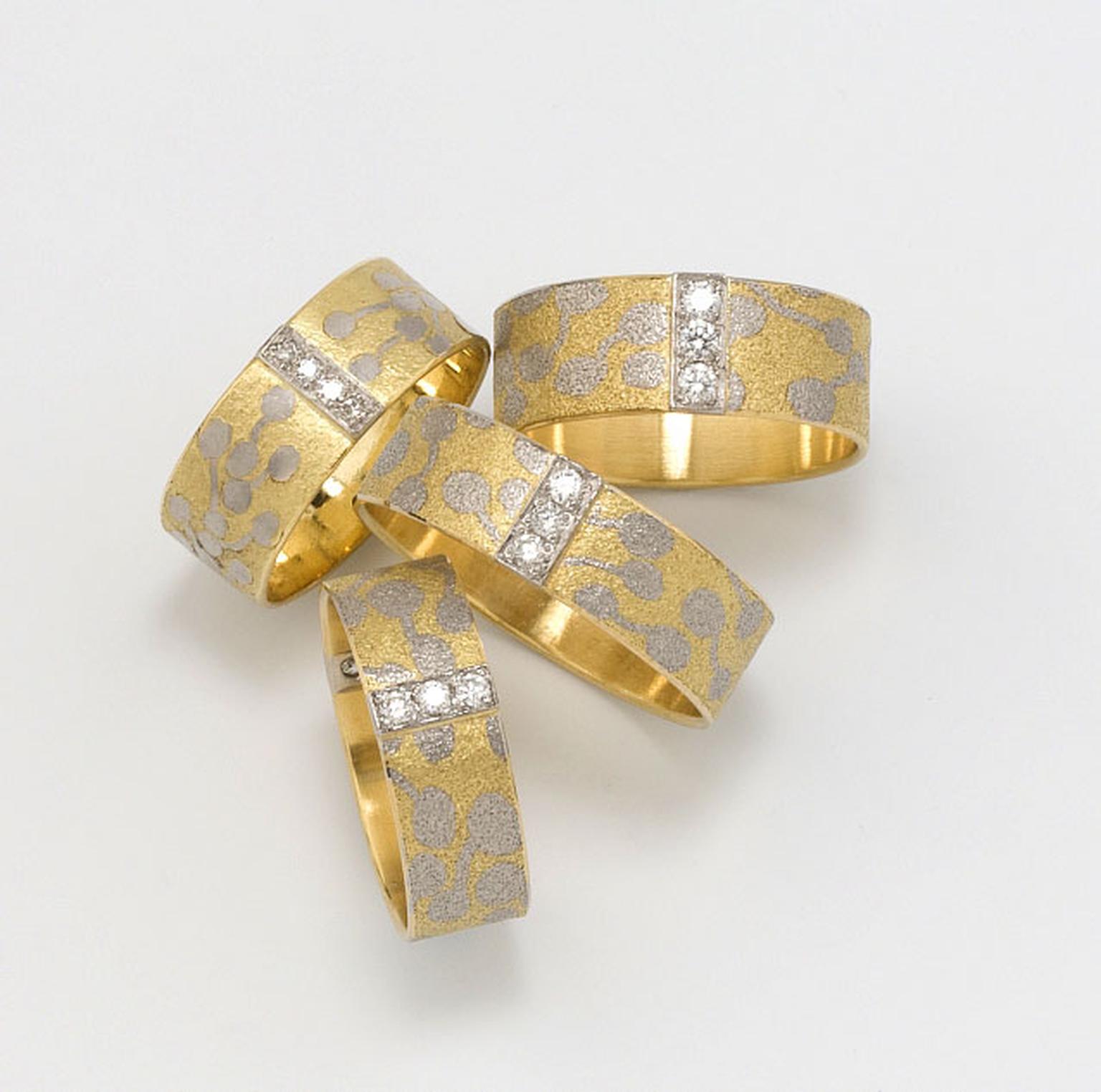 Kath Libbert. Jacqueline-Mina_Selection-of-Rings-18ct-Gold-with-Platinum-Fusion-inlay-and-Diamonds