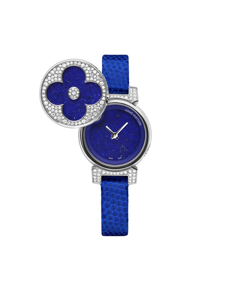 Louis Vuitton's Tambour Bijou Secret watch in electric blue with a lizard strap, lapis lazuli face and diamonds, all set in white gold.