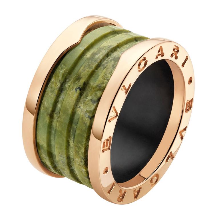 Bulgari Bzero1 pink gold and green marble 4-band ring _ 790 GBP.