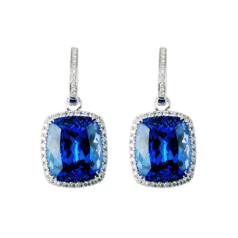 TanzaniteOne Josephine earrings with two cushion cut tanzanite stones surrounded by pavé diamonds.
